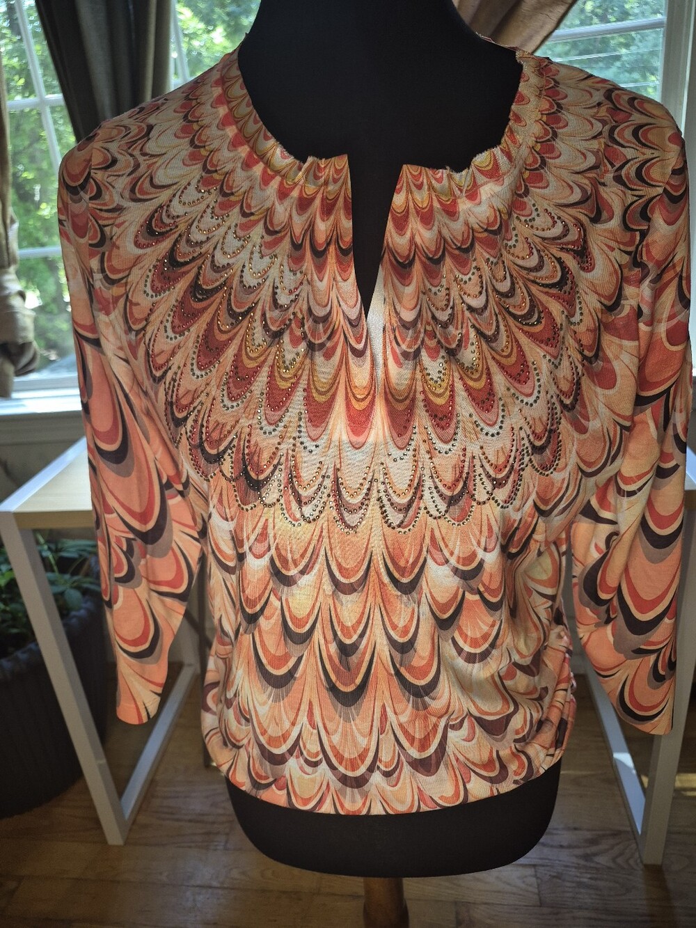 Chico's Coral Pink Peach Patterned Split-Neck Blouse
